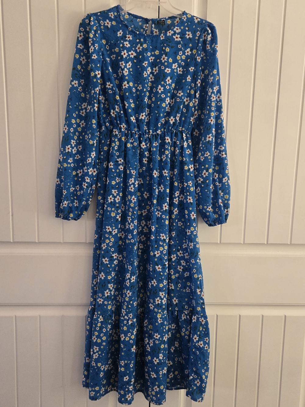 Blue Ditsy Floral Lantern Sleeve Tiered Maxi Dress Cottagecore S